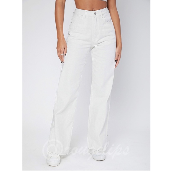 90s Style White Wide Leg Jeans High Waist Raw Hem - Picture 2 of 15